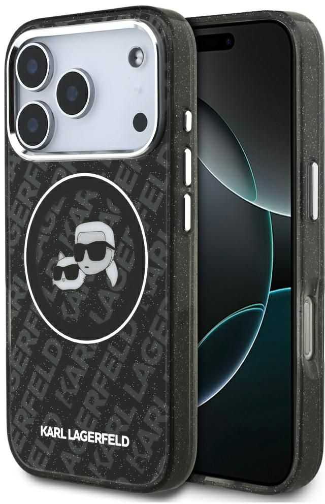 Karl Lagerfeld IML Glitter Karl & Choupette Heads Logo MagSafe - dėklas skirtas Apple iPhone 17 Pro juodas