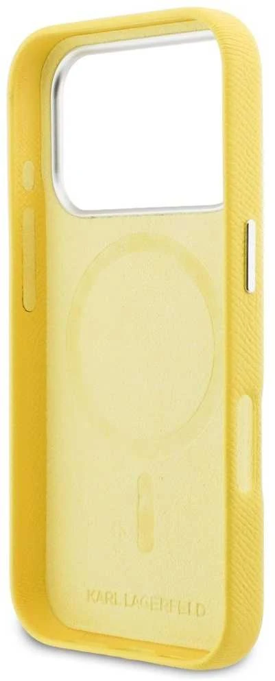 Karl Lagerfeld dėklas, skirtas IPHONE 17 Pro, suderinamas su MagSafe KLHMP17L6PFKCLY (PU FW W/ K&C galvutės smeigtuku), geltonas