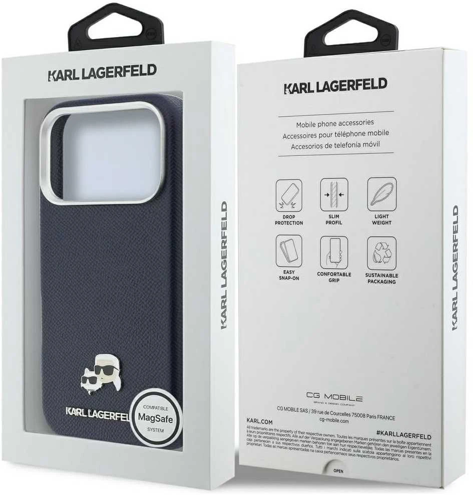 Karl Lagerfeld dėklas, skirtas IPHONE 17 Pro Max, suderinamas su MagSafe KLHMP17X6PFKCLB (PU FW W/ K&C Head Pin) mėlynas