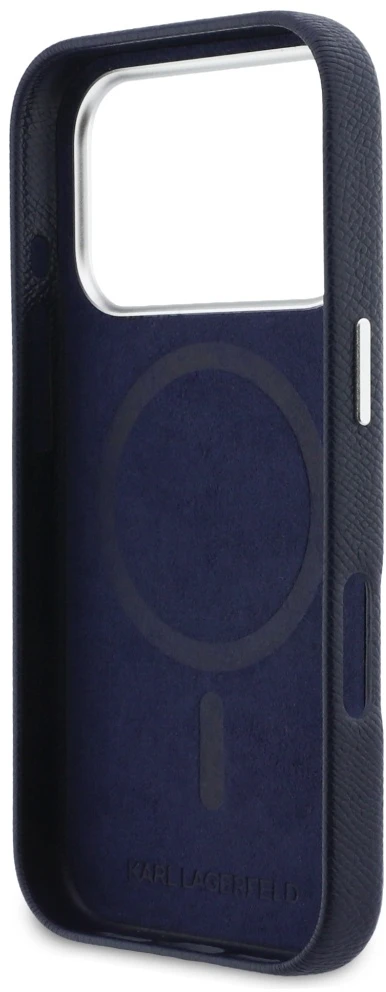 Karl Lagerfeld dėklas, skirtas IPHONE 17 Pro Max, suderinamas su MagSafe KLHMP17X6PFKCLB (PU FW W/ K&C Head Pin) mėlynas