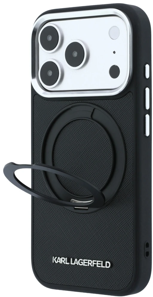Dėklas Karl Lagerfeld Ring Stand 360 Saffiano Classic Logo MagSafe Case for iPhone 18 Pro Max / 17 Pro Max - Juodas