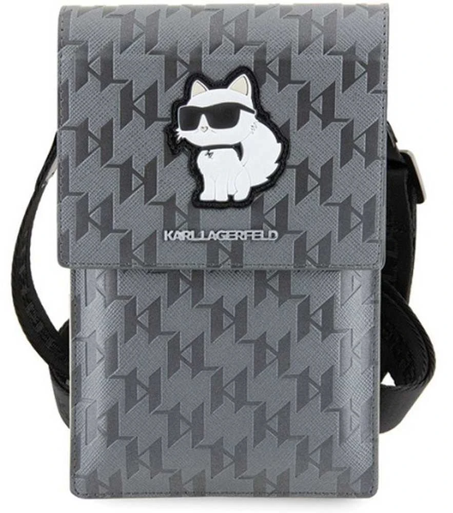Karl Lagerfeld Saffiano Monogram Choupette - Krepšys telefonui per petį (sidabrinas)