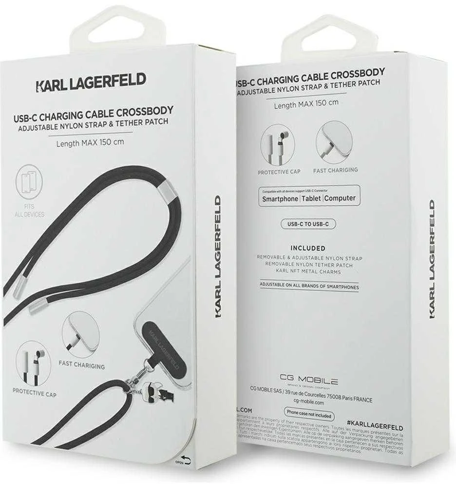 Universal Karl Lagerfeld CBDY Ikonik Charm USB-C/USB-C kabelis Lanyard juodos spalvos