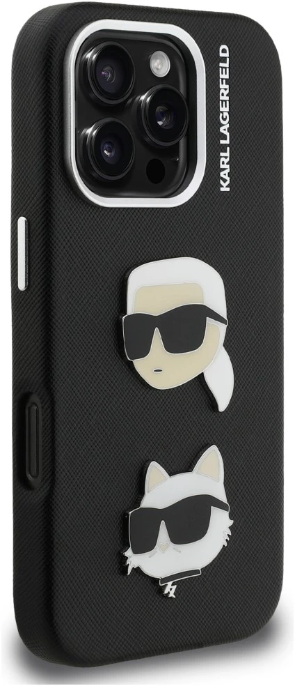Karl Lagerfeld Grained PU K&CH Heads dėklas skirtas Apple iPhone 16 Pro Max juodos spalvos