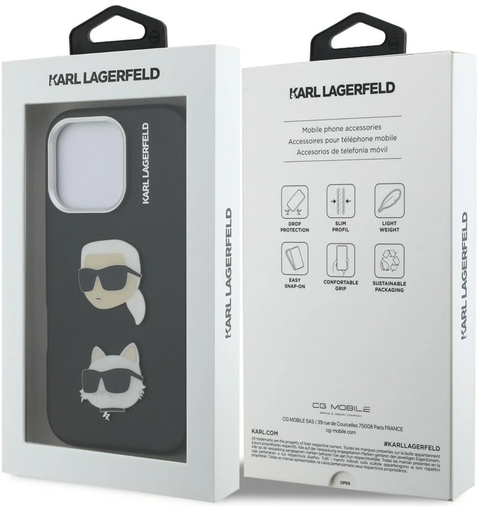 Karl Lagerfeld Grained PU K&CH Heads dėklas skirtas Apple iPhone 16 Pro Max juodos spalvos