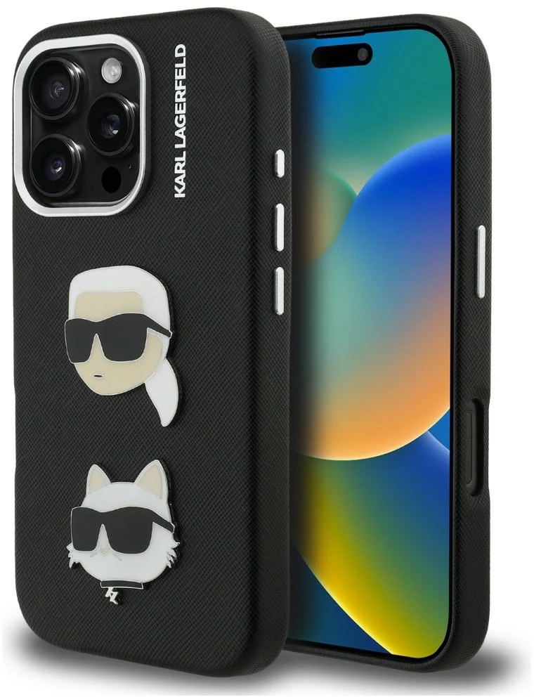 Karl Lagerfeld Grained PU K&CH Heads dėklas skirtas Apple iPhone 16 Pro Max juodos spalvos