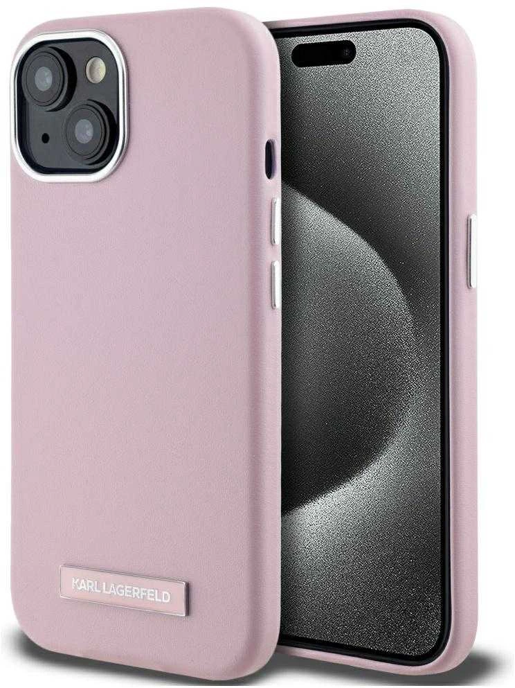 Dėklas Karl Lagerfeld FW Metal Plate MagSafe Apple iPhone 15 rožinės spalvos