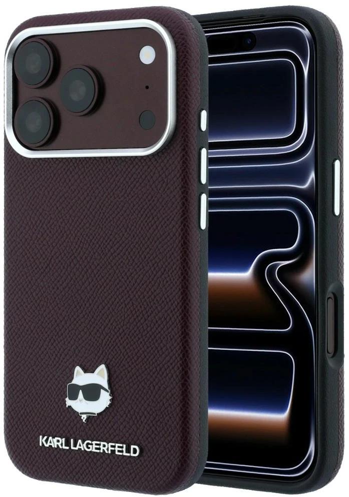 Dėklas Karl Lagerfeld case for IPHONE 18 Pro/ 17 Pro compatible with MagSafe (Grained Choupette Head Metal) burgundy