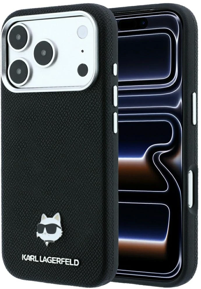 Dėklas Karl Lagerfeld case for IPHONE 18 Pro Max/ 17 Pro Max compatible with MagSafe (Grained Choupette Head Metal) juodas