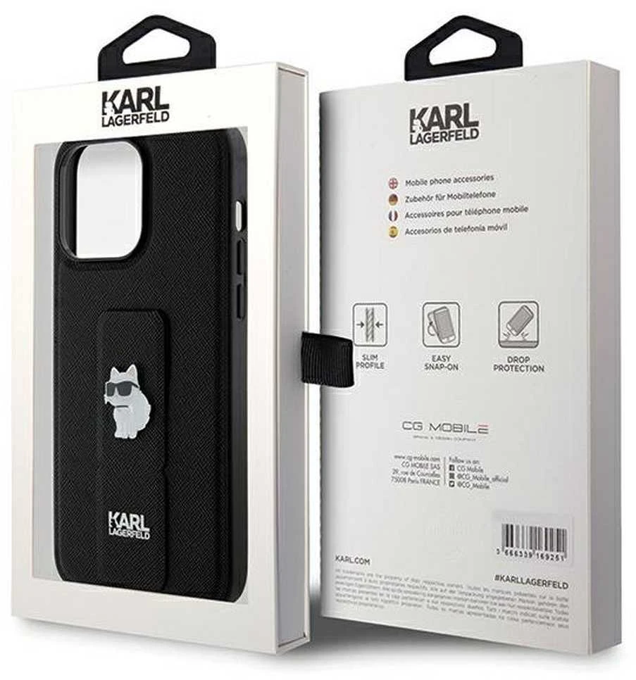 Karl Lagerfeld KLHCP13XGSACHPK Apple iPhone 13 Pro Max 6.7″ juodos spalvos kietas dėklas Gripstand Saffiano Choupe