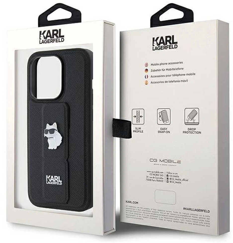 Karl Lagerfeld KLHCP14XGSACHPK iPhone 14 Pro Max 6.7″ juodos spalvos kietas dėklas Gripstand Saffiano Choupe