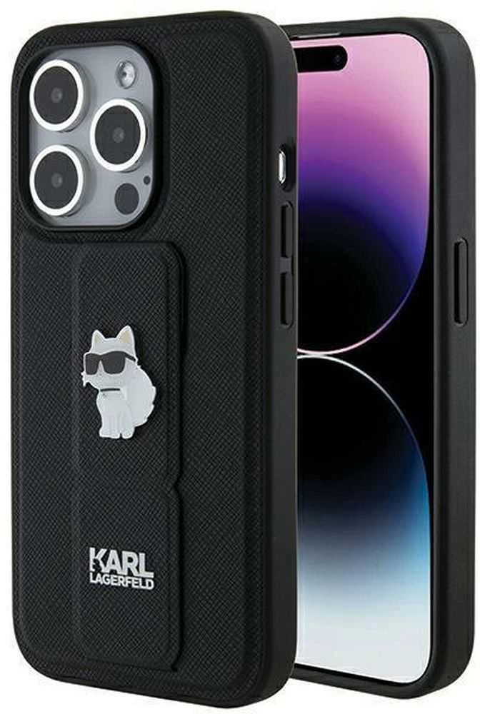 Karl Lagerfeld KLHCP14XGSACHPK iPhone 14 Pro Max 6.7″ juodos spalvos kietas dėklas Gripstand Saffiano Choupe