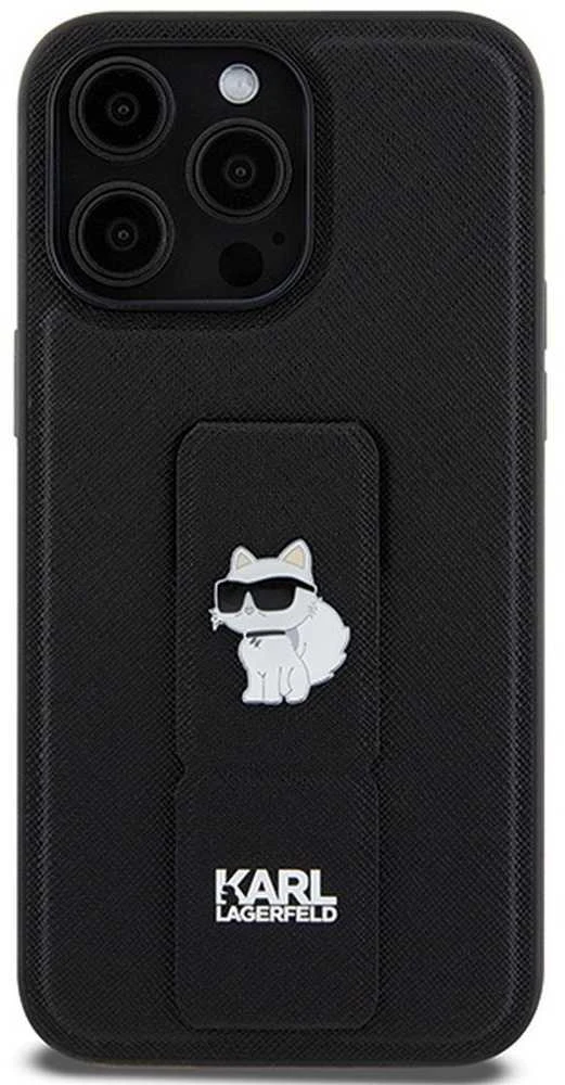 Karl Lagerfeld KLHCP13XGSACHPK Apple iPhone 13 Pro Max 6.7″ juodos spalvos kietas dėklas Gripstand Saffiano Choupe
