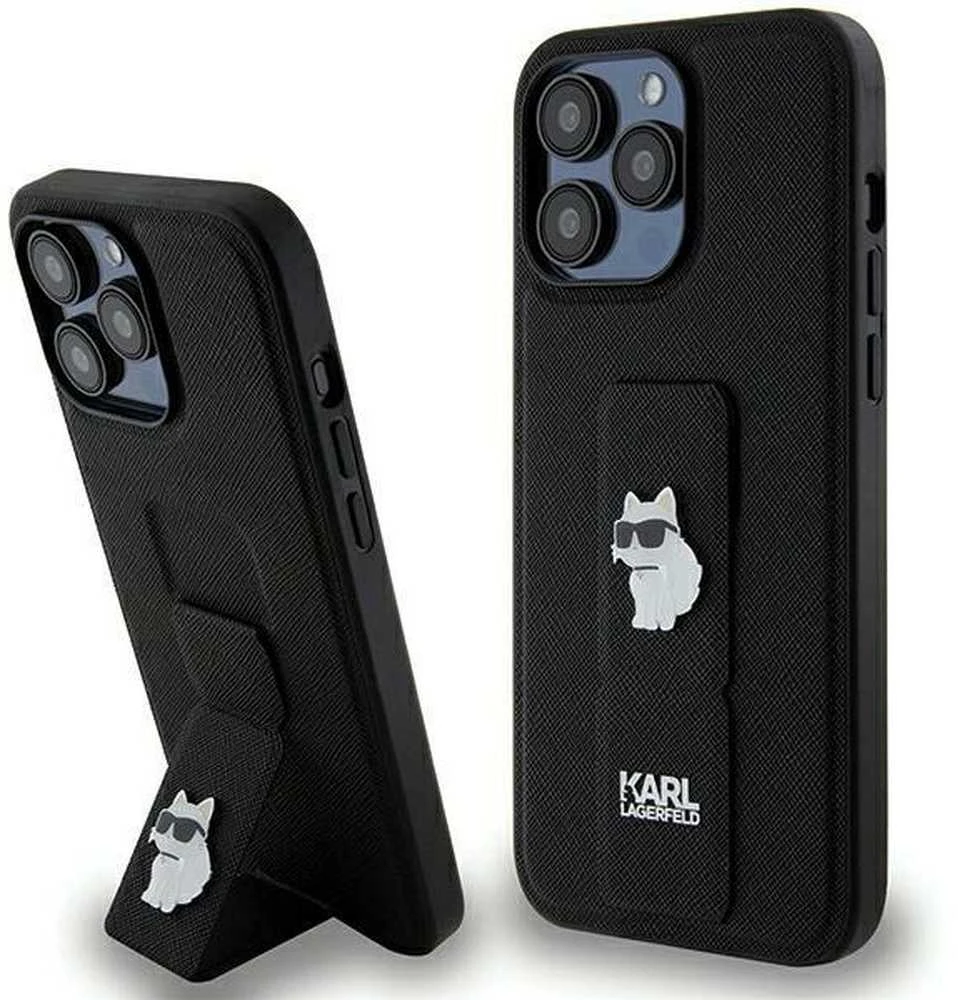 Karl Lagerfeld KLHCP13XGSACHPK Apple iPhone 13 Pro Max 6.7″ juodos spalvos kietas dėklas Gripstand Saffiano Choupe