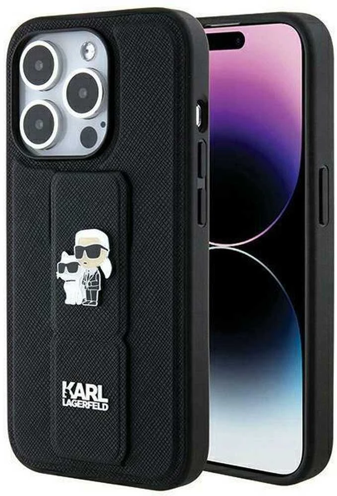 Karl Lagerfeld KLHCP14LGSAKCPK Apple iPhone 14 Pro 6.1″ juodos spalvos kietas dėklas Gripstand Saffiano Karl&Choup