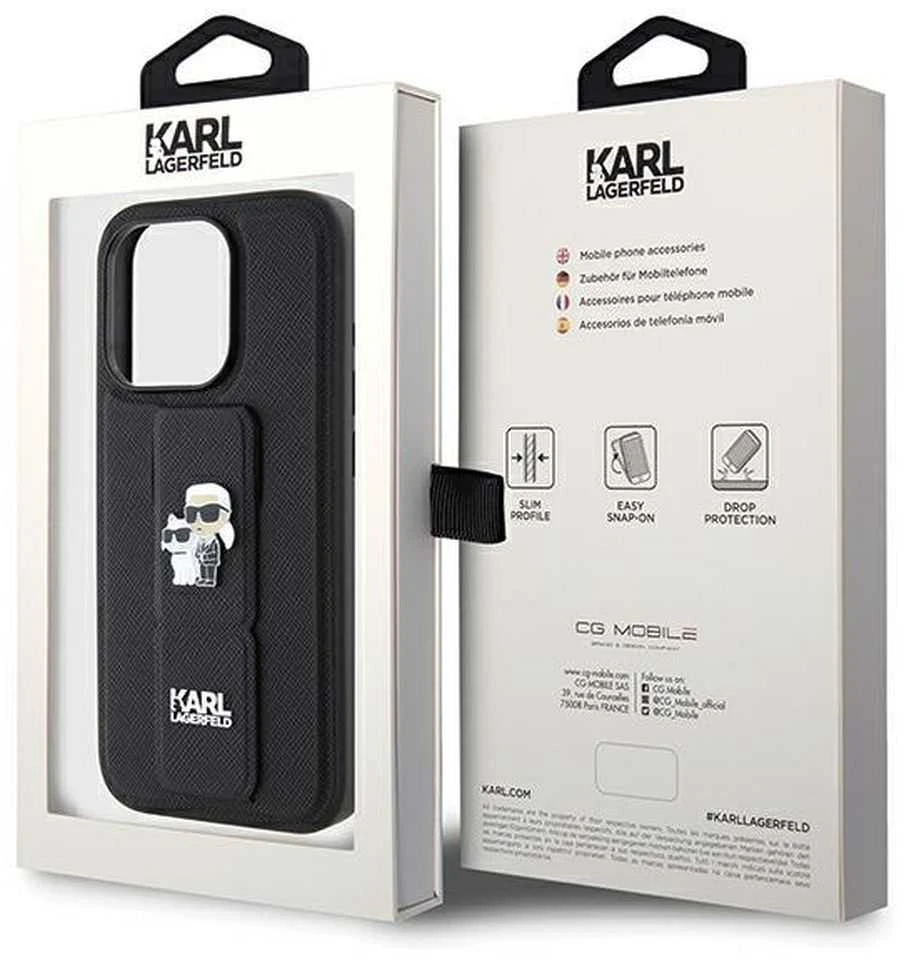 Karl Lagerfeld KLHCP14LGSAKCPK Apple iPhone 14 Pro 6.1″ juodos spalvos kietas dėklas Gripstand Saffiano Karl&Choup