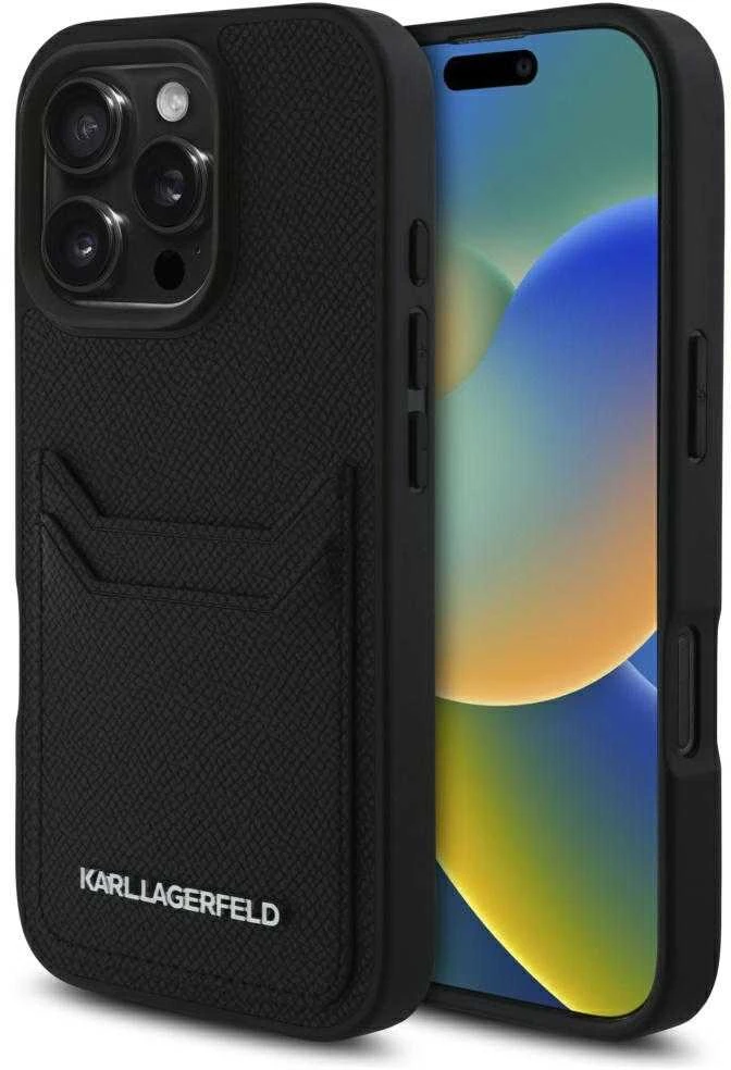 Karl Lagerfeld HC grūdėtas PU kortelių lizdas metalinis pailgas iPhone 16 Pro dėklas – Juodas