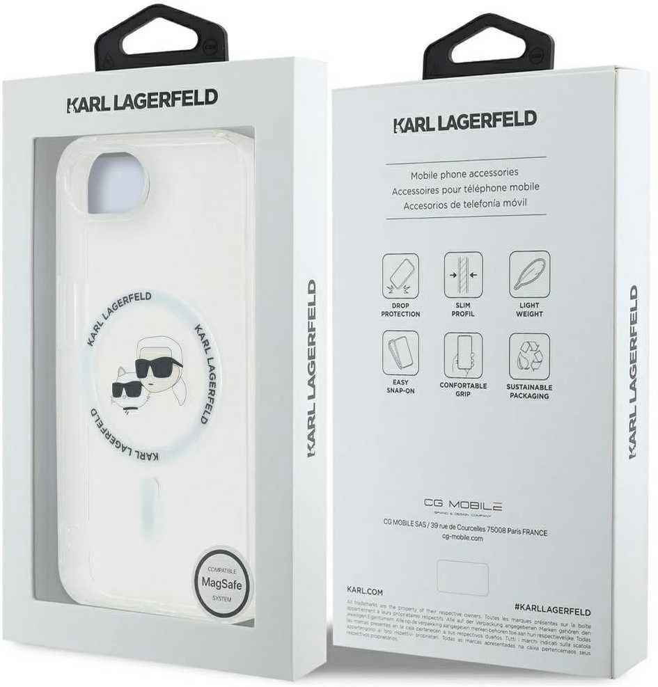 Karl Lagerfeld IML metalinis Karl & Choupette Heads MagSafe iPhone 16e dėklas - Baltas