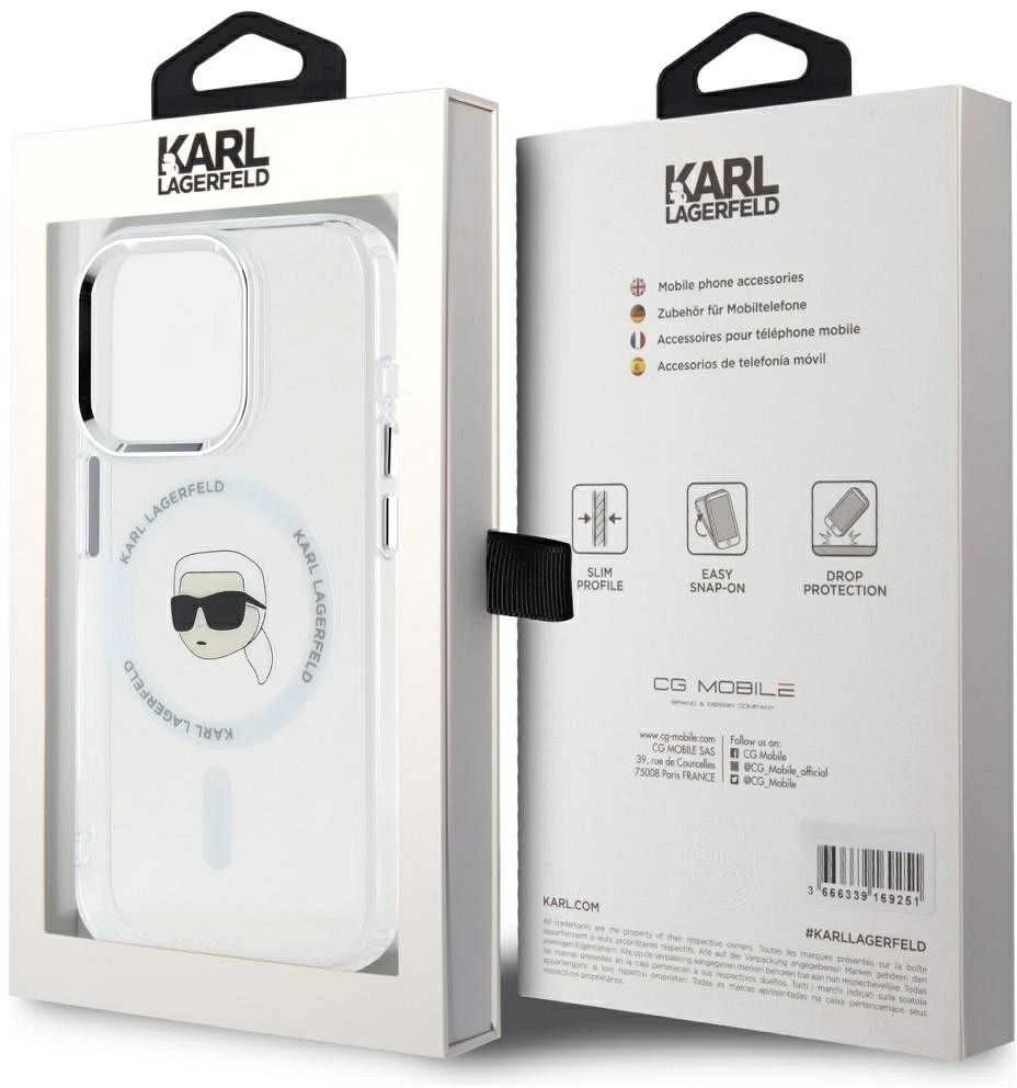 Dėklas Karl Lagerfeld IML Metal Karl Head MagSafe Apple iPhone 15 Pro Max baltos spalvos