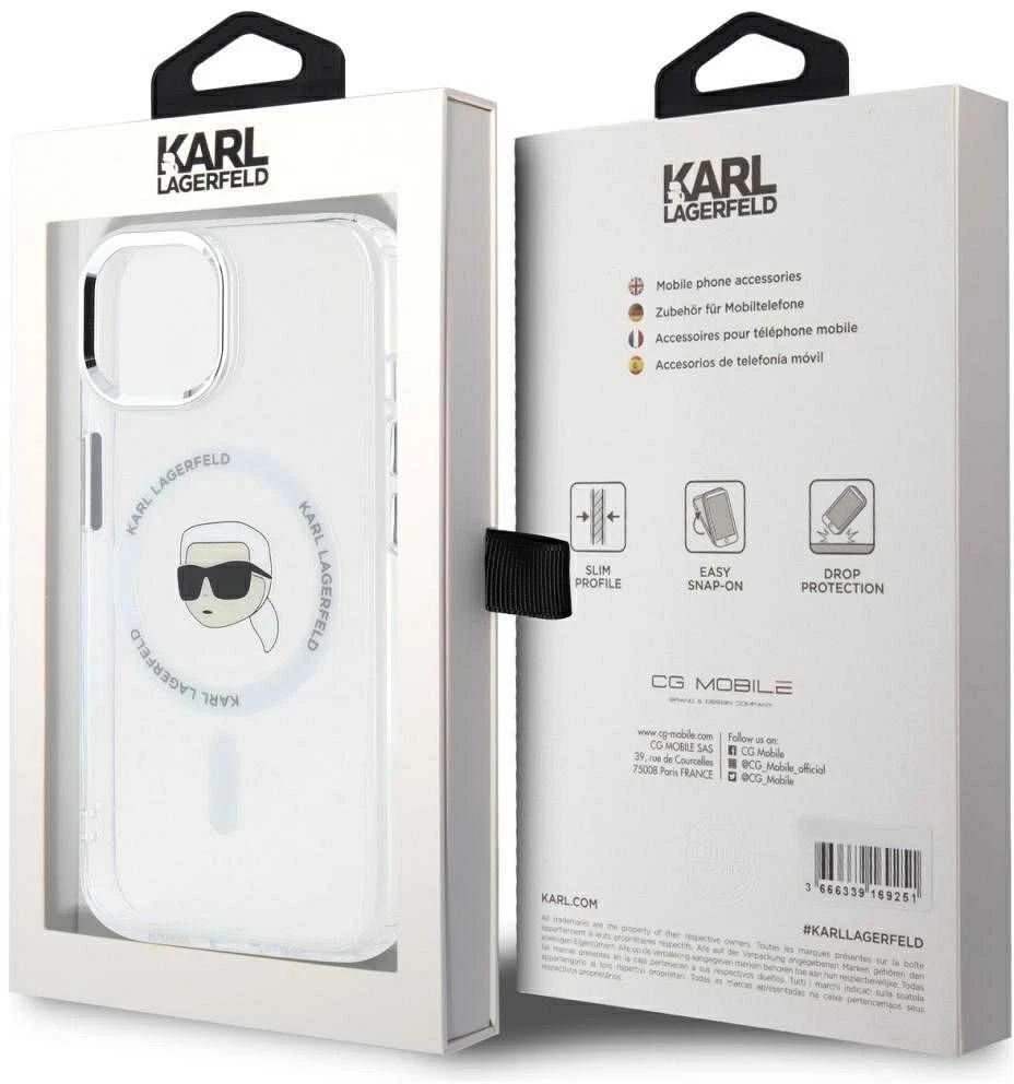 Dėklas Karl Lagerfeld IML Metal Karl Head MagSafe Apple iPhone 15 baltos spalvos