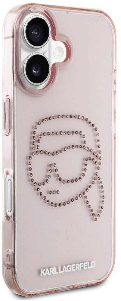 Karl Lagerfeld IML Rhinestones Karl Head Apple iPhone 16 dėklas telefonui rožinės spalvos