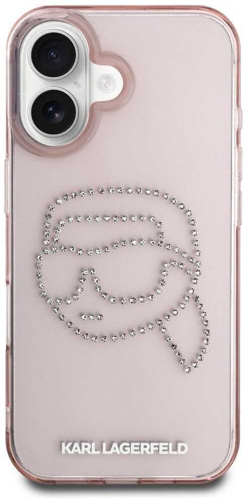 Karl Lagerfeld IML Rhinestones Karl Head Apple iPhone 16 dėklas telefonui rožinės spalvos