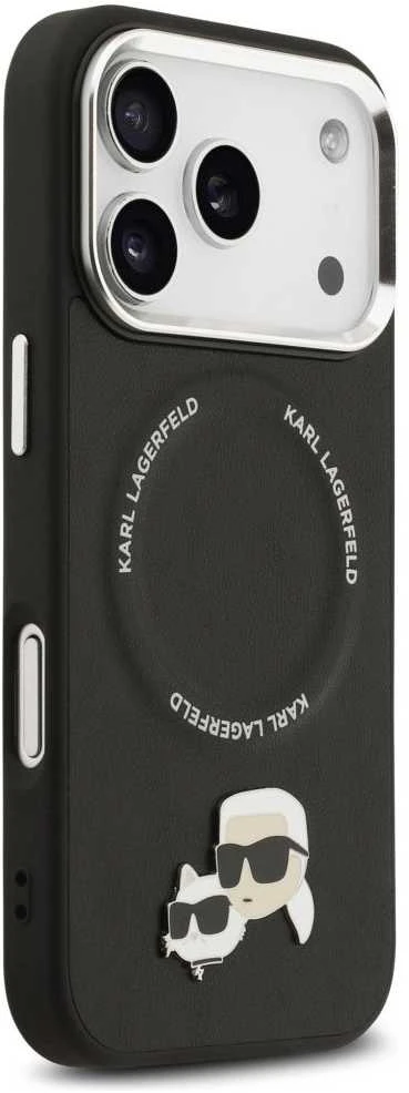 Karl Lagerfeld Karl & Choupette Pins MagSafe dėklas skirtas Apple iPhone 17 Pro juodos spalvos