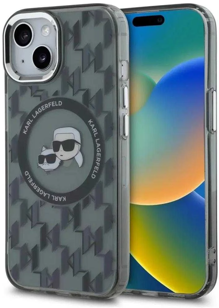 Dėklas Karl Lagerfeld KLHMP15SHMCKMHK Apple iPhone 15 6.1″ juodos spalvos IML Monogram Karl&Choupette Head MagSafe