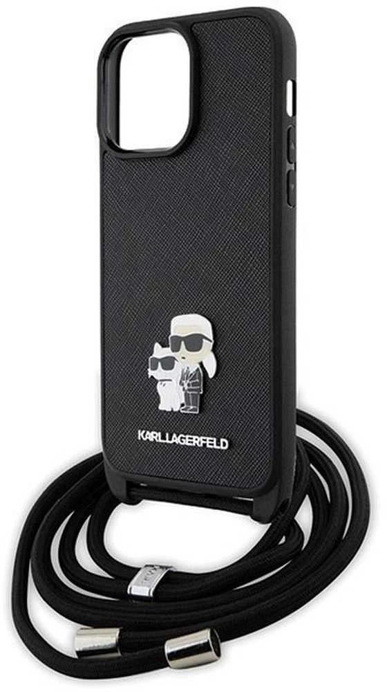 Karl Lagerfeld KLHCP14XSAKCPSK Apple iPhone 14 Pro Max 6.7″ kietas dėklas juodos spalvos Crossbody Saffiano Metal