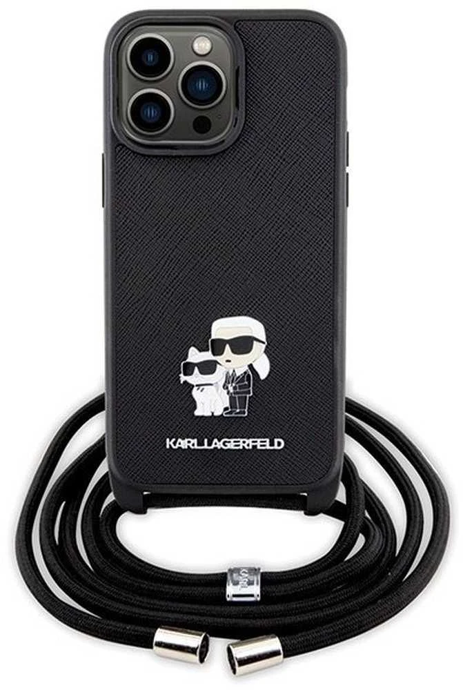 Karl Lagerfeld KLHCP14XSAKCPSK Apple iPhone 14 Pro Max 6.7″ kietas dėklas juodos spalvos Crossbody Saffiano Metal