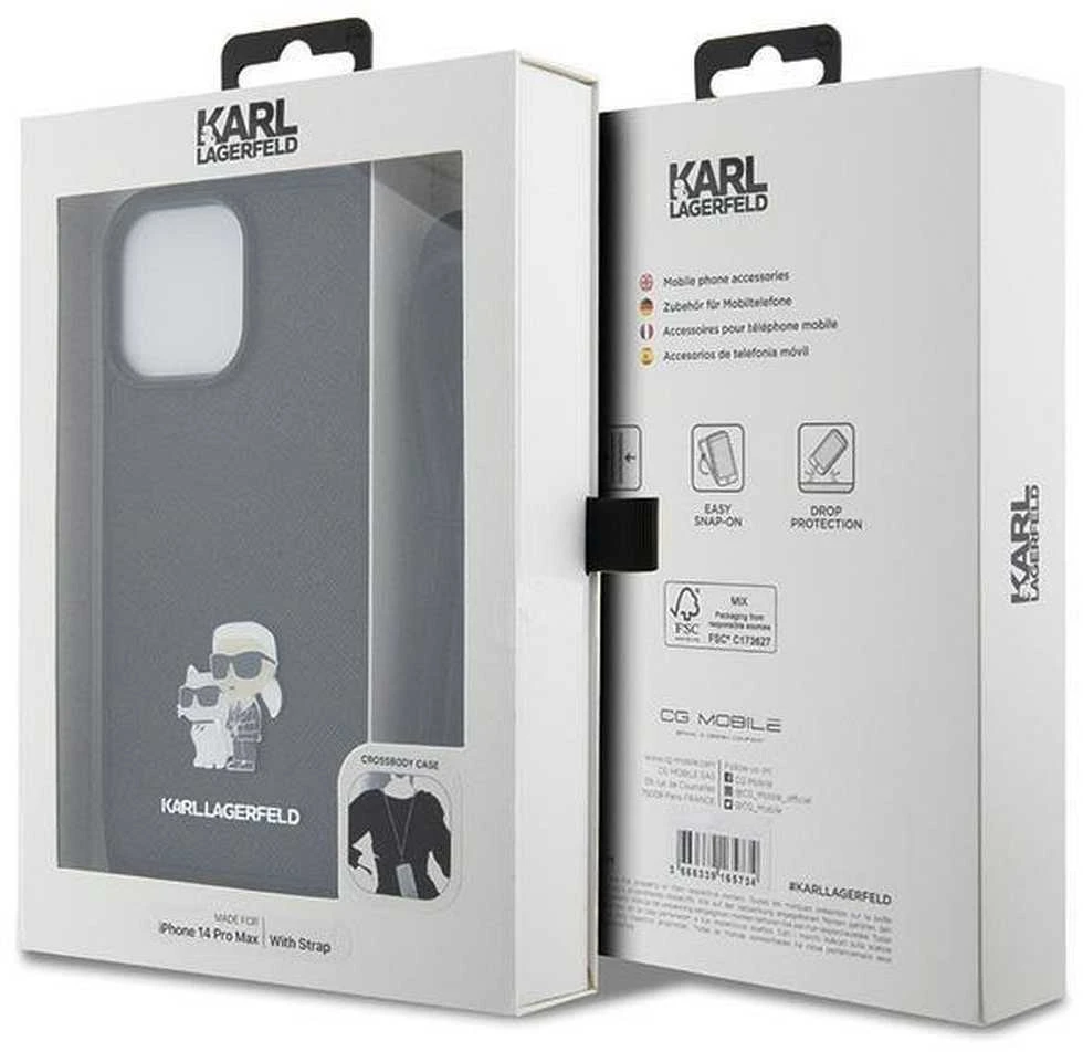 Karl Lagerfeld KLHCP14XSAKCPSK Apple iPhone 14 Pro Max 6.7″ kietas dėklas juodos spalvos Crossbody Saffiano Metal
