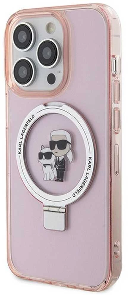 Karl Lagerfeld KLHMP15LHMRSKCP Apple iPhone 15 Pro 6,1 col. rožinės spalvos kietas dėklas Ring Stand Karl&Choupette Mag