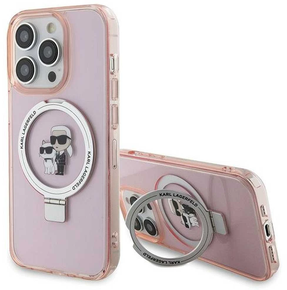 Karl Lagerfeld KLHMP15LHMRSKCP Apple iPhone 15 Pro 6,1 col. rožinės spalvos kietas dėklas Ring Stand Karl&Choupette Mag