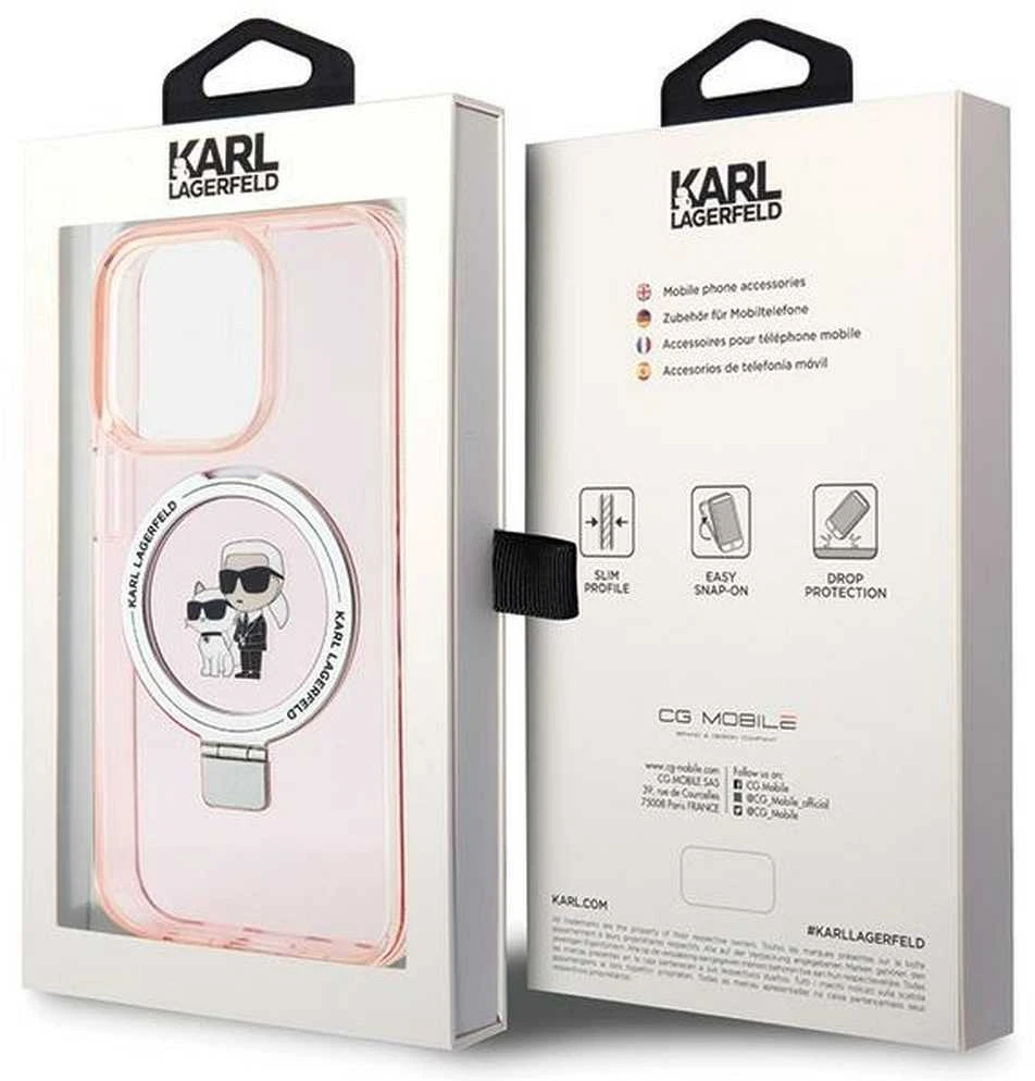 Karl Lagerfeld KLHMP15LHMRSKCP Apple iPhone 15 Pro 6,1 col. rožinės spalvos kietas dėklas Ring Stand Karl&Choupette Mag