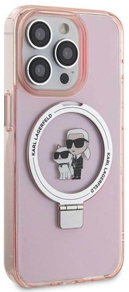 Karl Lagerfeld KLHMP15LHMRSKCP Apple iPhone 15 Pro 6,1 col. rožinės spalvos kietas dėklas Ring Stand Karl&Choupette Mag