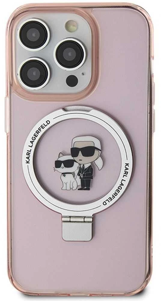 Karl Lagerfeld KLHMP15LHMRSKCP Apple iPhone 15 Pro 6,1 col. rožinės spalvos kietas dėklas Ring Stand Karl&Choupette Mag