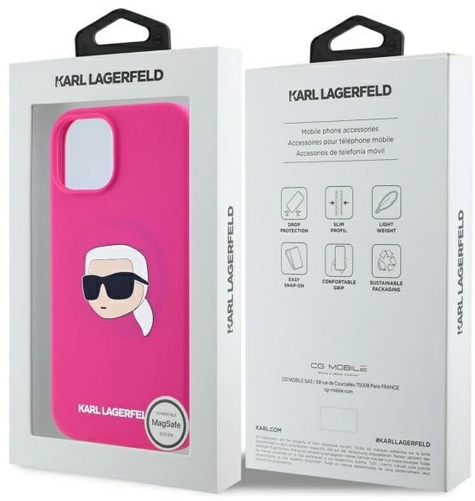Karl Lagerfeld KLHMP15SSKHPPLF Apple iPhone 15 6.1″ fuschia kietas dėklas Silicone Karl Head Print MagSafe