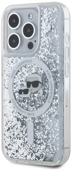 Karl Lagerfeld Liquid Glitter Karl and Choupette Heads MagSafe dėklas telefonui Apple iPhone 15 Pro skaidrus