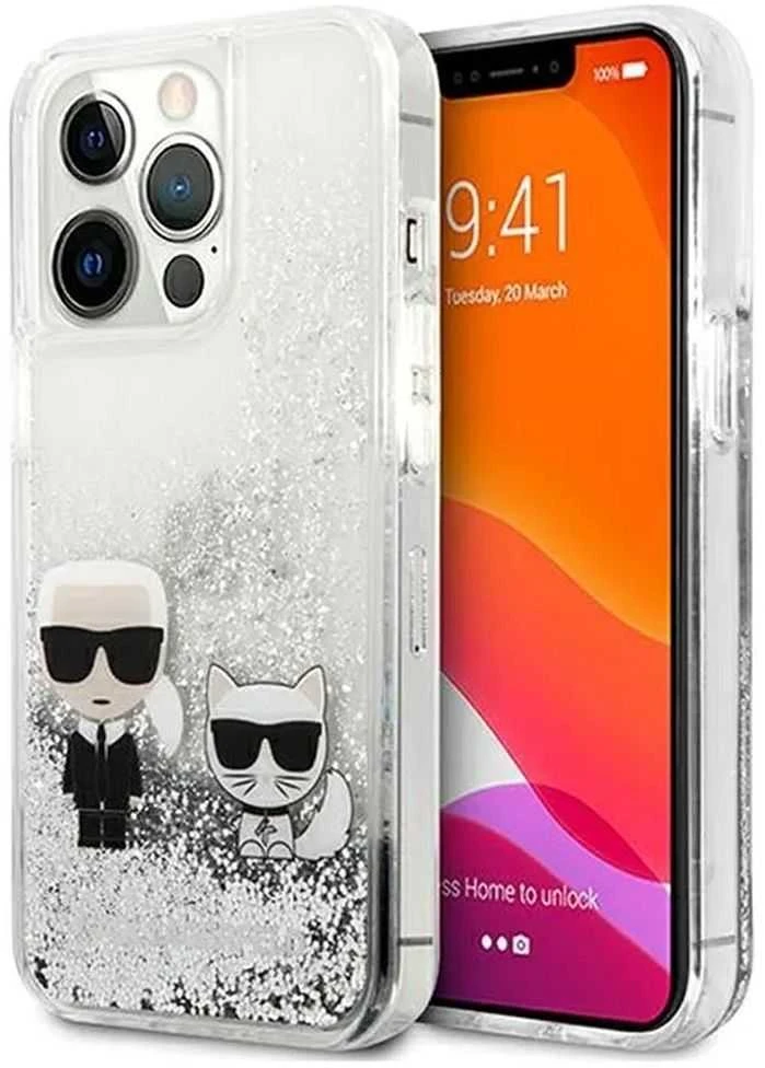 Apple iPhone 13 Pro Karl Lagerfeld dėklas Liquid Glitter Karl&Choupette (KLHCP13LGKCS) sidabrinės spalvos