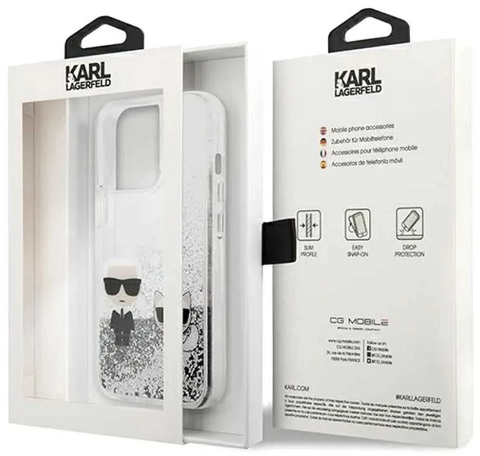 Apple iPhone 13 Pro Karl Lagerfeld dėklas Liquid Glitter Karl&Choupette (KLHCP13LGKCS) sidabrinės spalvos