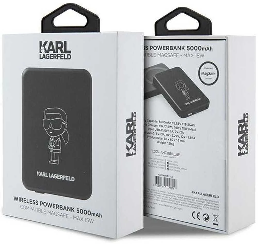 Karl Lagerfeld indukcinė išorinė baterija KLPBM5KIOTTGK 5000mAh juodos spalvos NFT Outline Ikonik MagSafe