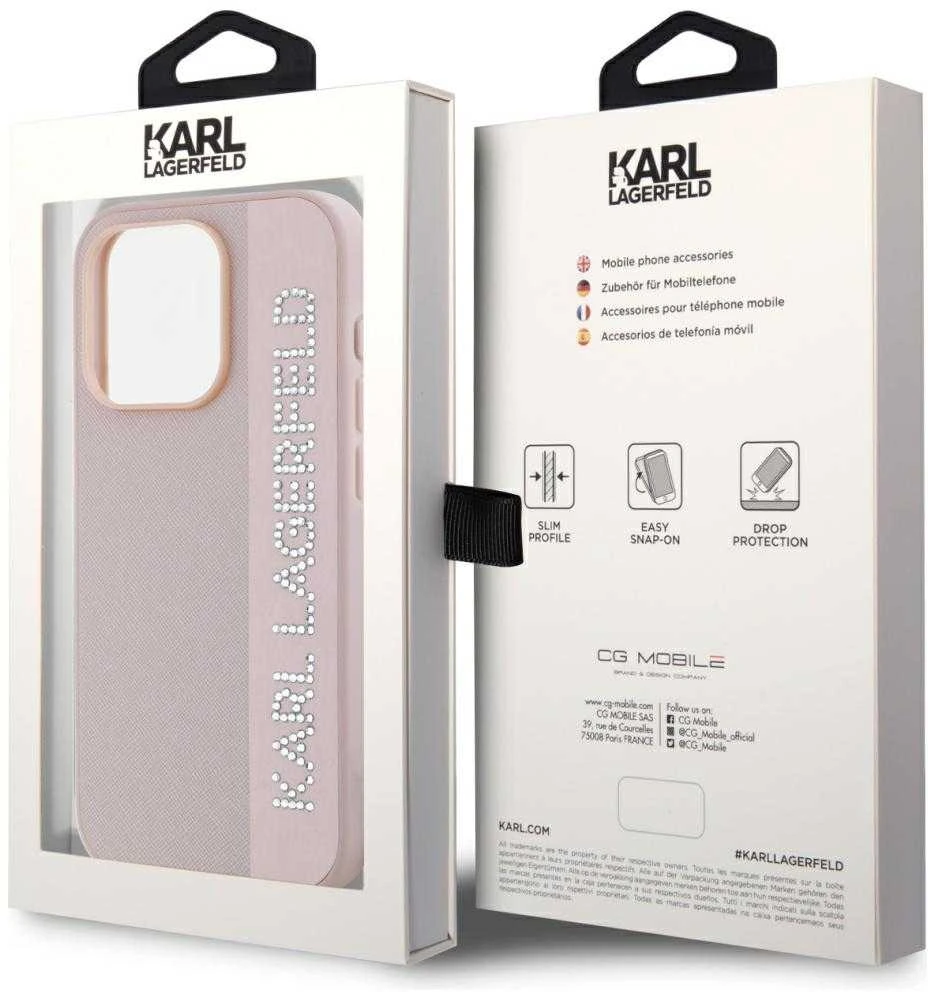 Karl Lagerfeld KLHCP15LPSAKDGCP Apple iPhone 15 Pro 6.1″ rožinės spalvos kietas dėklas Saffiano Rhinestones & Charm