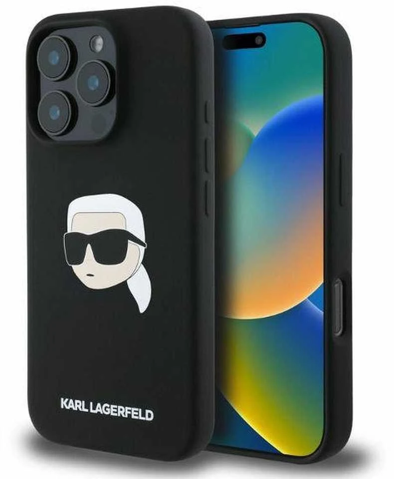 Karl Lagerfeld Liquid silikoninis Karl Head MagSafe Apple iPhone 16 Pro dėklas telefonui juodos spalvos