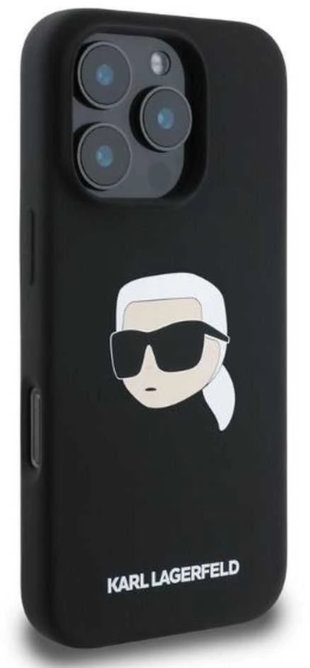 Karl Lagerfeld Liquid silikoninis Karl Head MagSafe Apple iPhone 16 Pro dėklas telefonui juodos spalvos