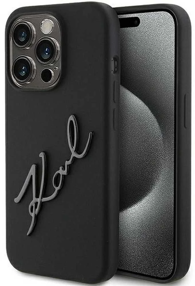 Karl Lagerfeld KLHCP15LSKSBMCK Apple iPhone 15 Pro 6.1″ juodos spalvos kietas dėklas Silicone Karl Script