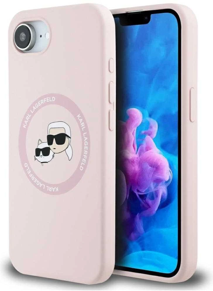 Karl Lagerfeld dėklas skirtas Apple iPhone 16e (SE 4 2025) suderinamas su MagSafe KLHMPSE4SKCHTCP (Silicone Double Heads) rožinės spalvos