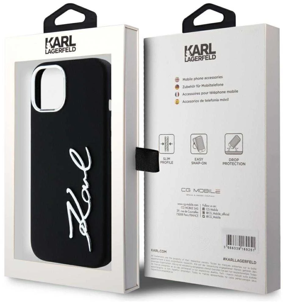 Dėklas Karl Lagerfeld Silicone Metal Script Logo iPhone 15 Case - Juodas