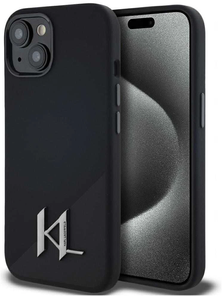 Dėklas Karl Lagerfeld Silicone Shadow Metal Initial MagSafe iPhone 15 juodos spalvos