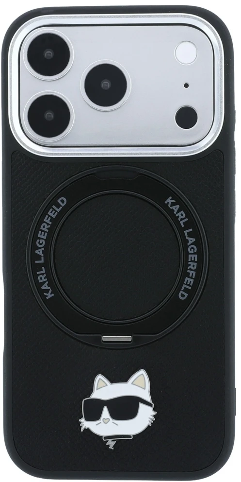 Karl Lagerfeld su žiediniu stovu 360 Choupette galvos smeigtuku MagSafe dėklas iPhone 18 Pro Max / 17 Pro Max - Juodas