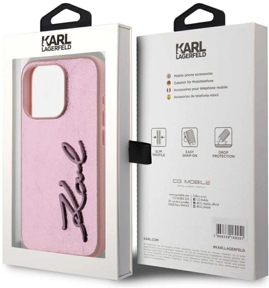 Karl Lagerfeld Wrinkled PU Signature Logo dėklas telefonui Apple iPhone 15 Pro Max rožinės spalvos
